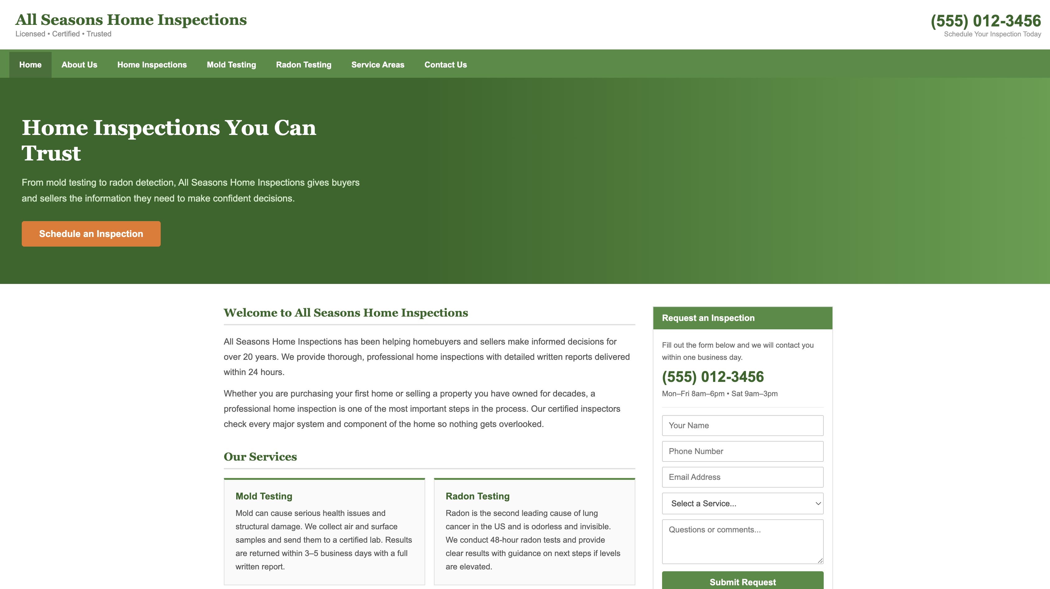 All Seasons Home Inspection website before — generic green template with placeholder phone number