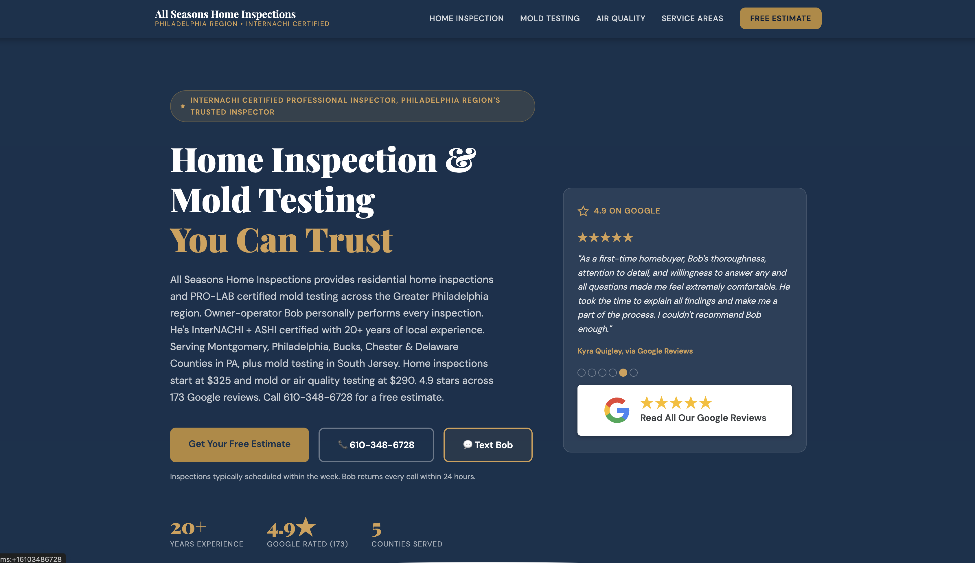 All Seasons Home Inspection website after Junefruit rebuild — dark modern design with real reviews and clear CTAs